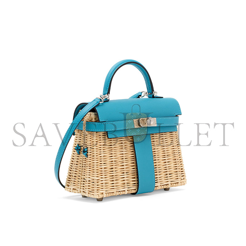 H**mes master bleu du nord swift leather & osier mini picnic kelly 20 with palladium hardware (20*14*8cm)